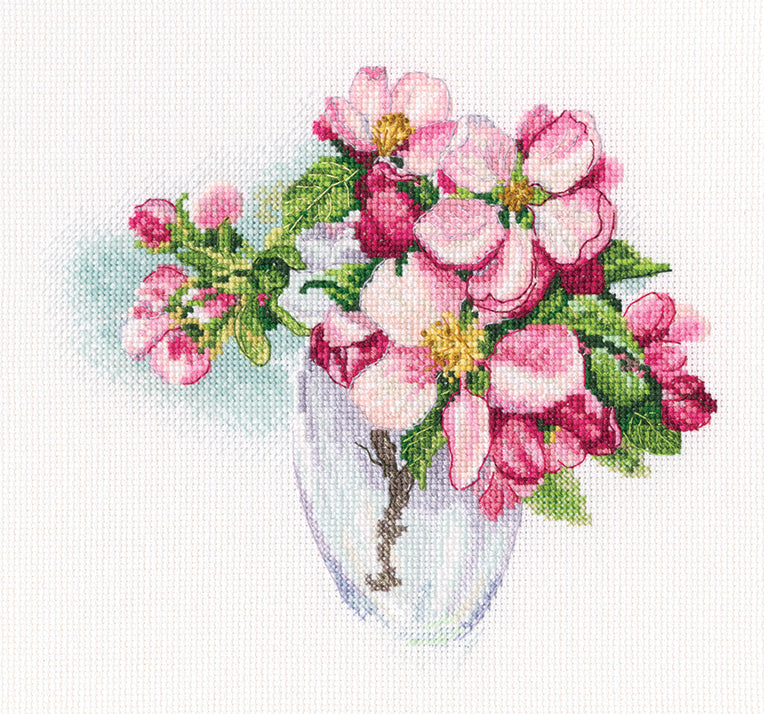 Bloomy twig M807 Counted Cross Stitch Kit with Aida16 canvas, DMC threads, and needle, showcasing vibrant colors and detailed design.