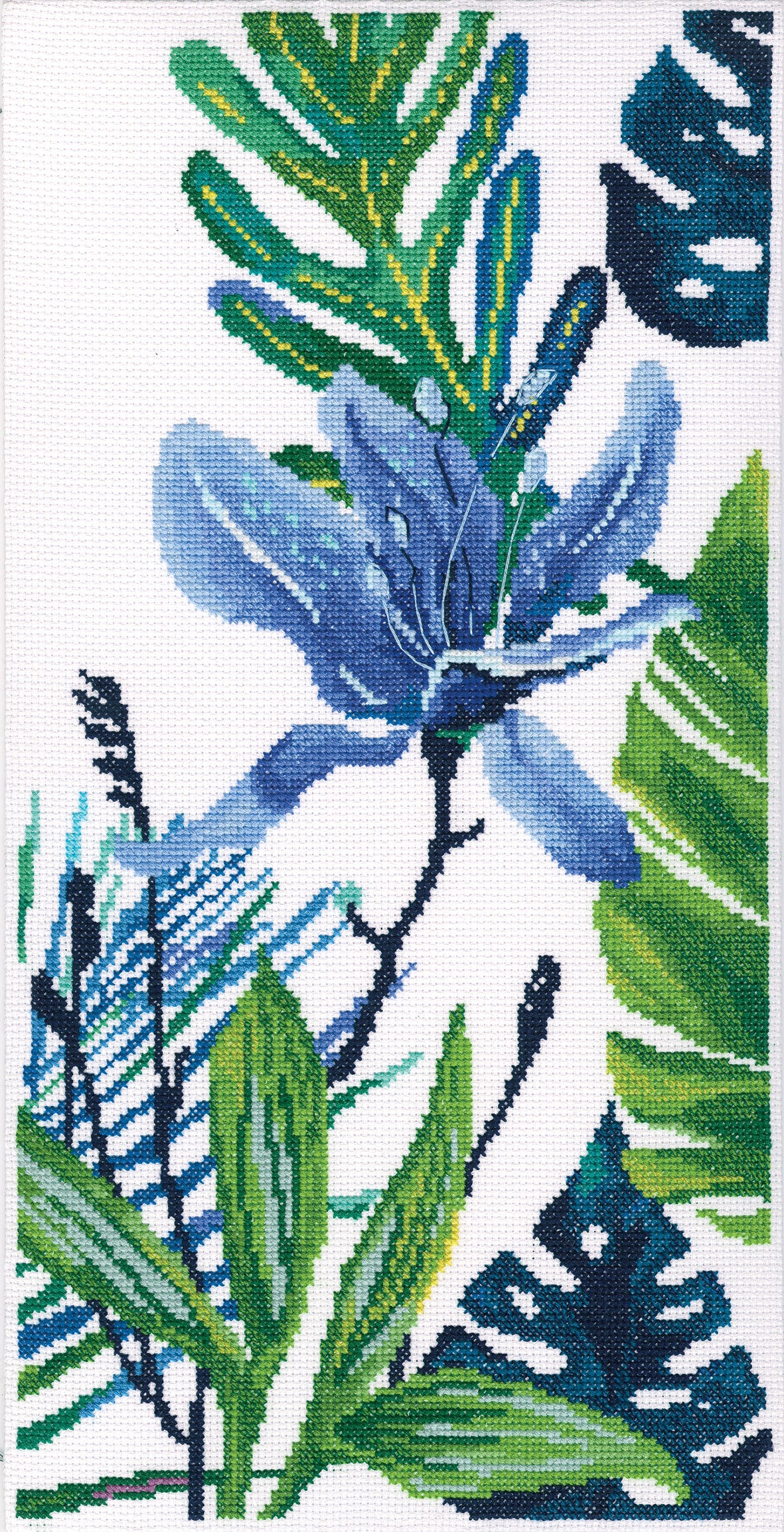 Blue Flower M748 Counted Cross Stitch Kit with Aida fabric, DMC threads, and needle, showcasing vibrant colors and detailed design.