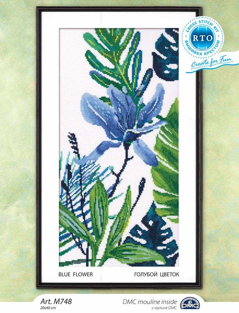 Blue Flower M748 Counted Cross Stitch Kit with Aida fabric, DMC threads, and needle, showcasing vibrant colors and detailed design.