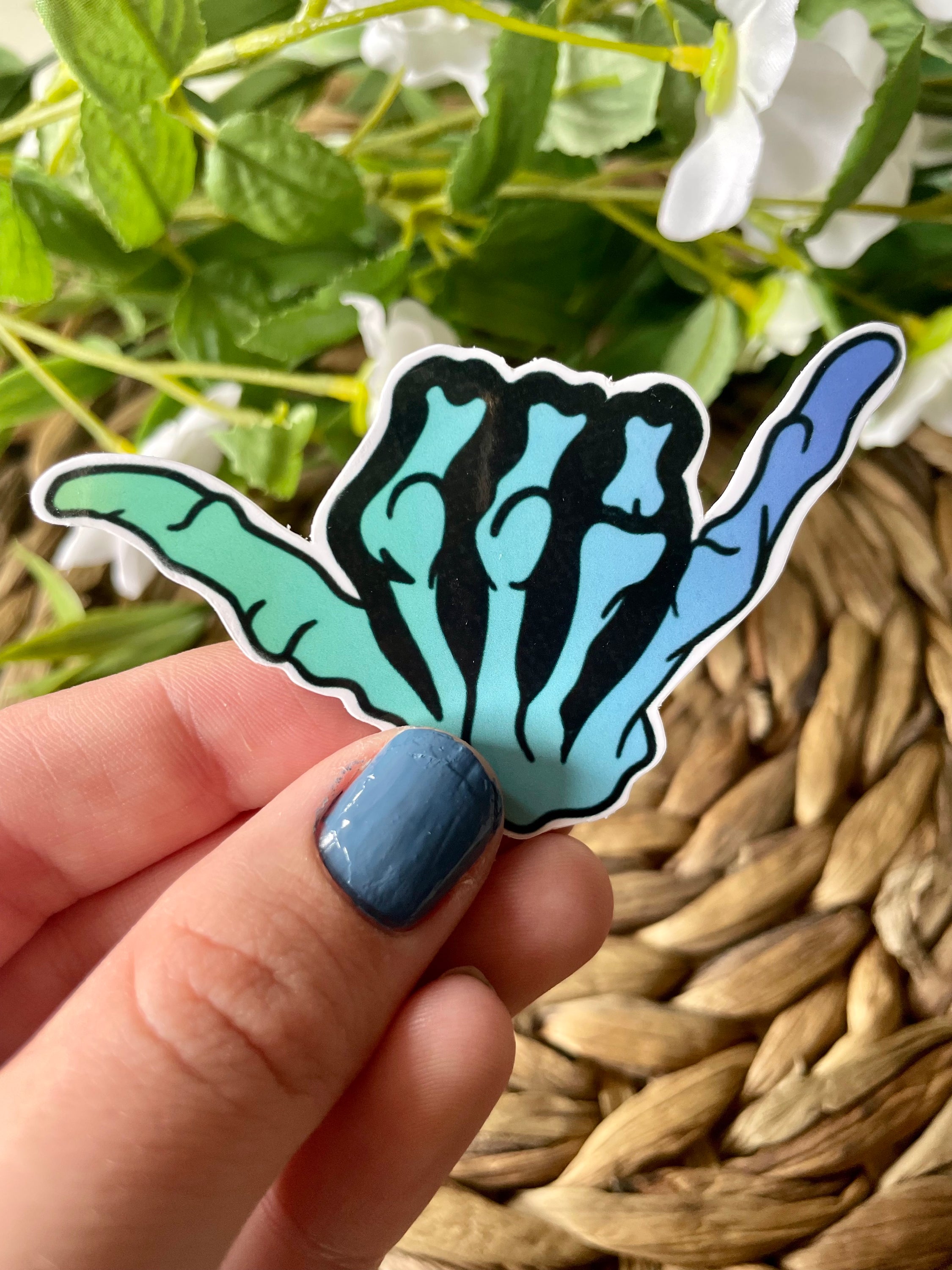 Blue gradient hang loose sticker with a shaka symbol, perfect for personalizing items like hydroflasks and laptops.