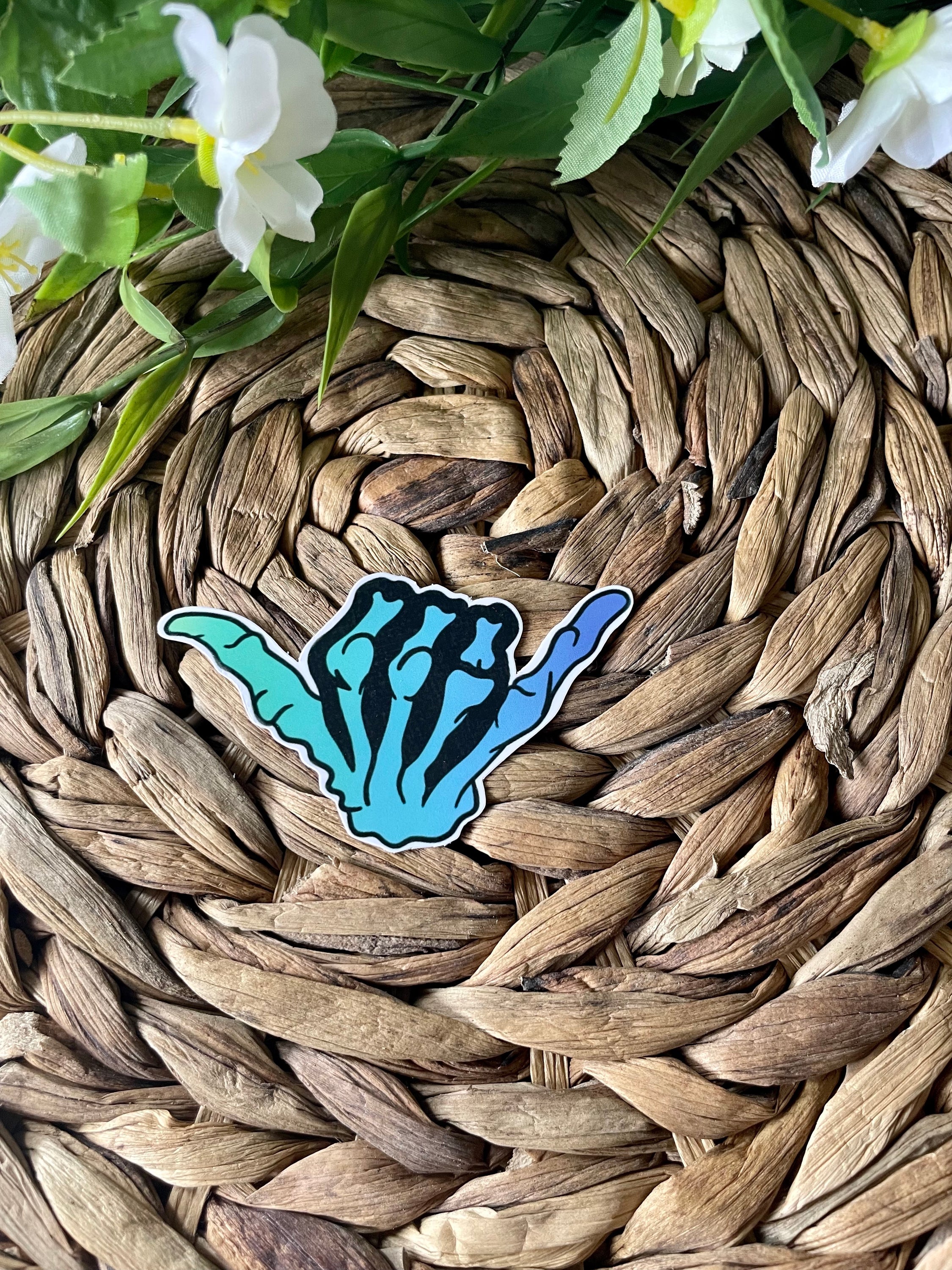 Blue gradient hang loose sticker with a shaka symbol, perfect for personalizing items like hydroflasks and laptops.