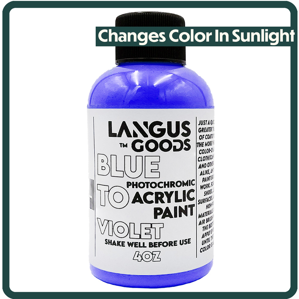 Blue to Violet Photochromic Fabric & Airbrush Paint in a bottle, showcasing its vibrant color and unique properties.