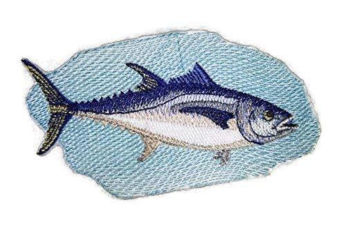 Bluefin Tuna embroidered patch measuring 5 inches by 2.5 inches, featuring vibrant colors and intricate details, suitable for iron-on or sew-on application.