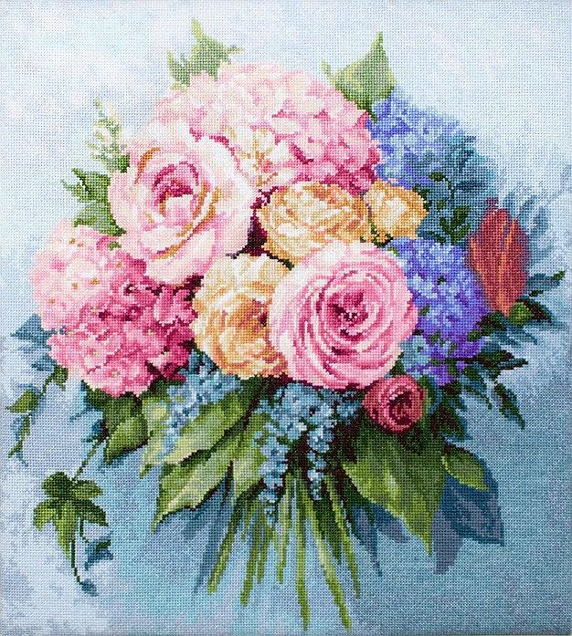 Bouquet B2371L Counted Cross-Stitch Kit featuring pink roses, yellow peonies, and blue pansies on Aida canvas.