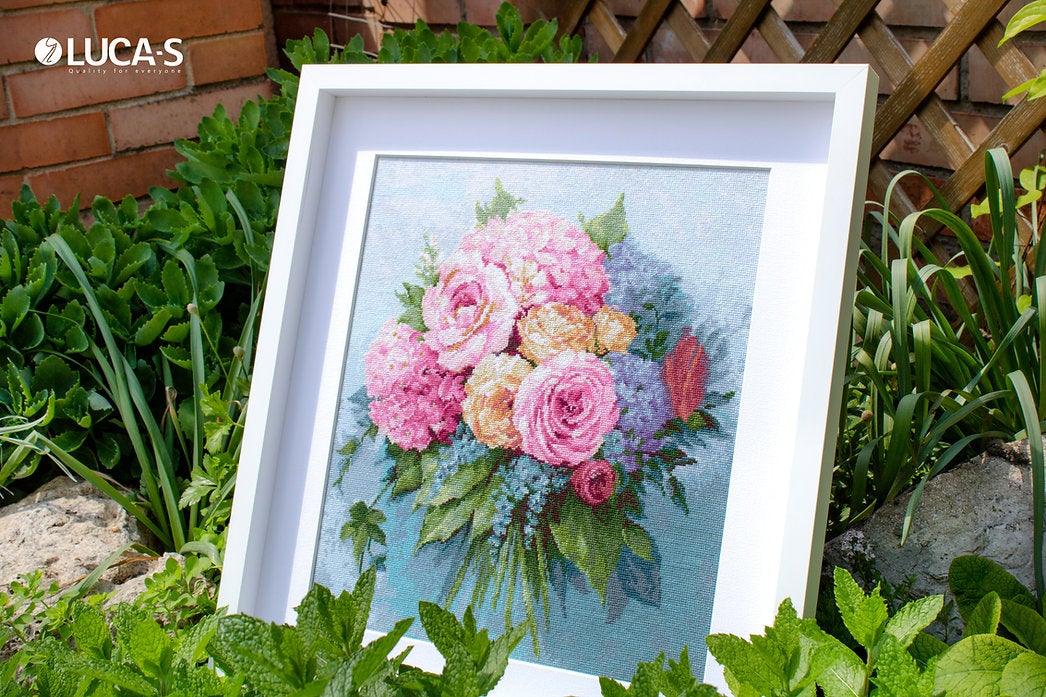 Bouquet B2371L Counted Cross-Stitch Kit featuring pink roses, yellow peonies, and blue pansies on Aida canvas.