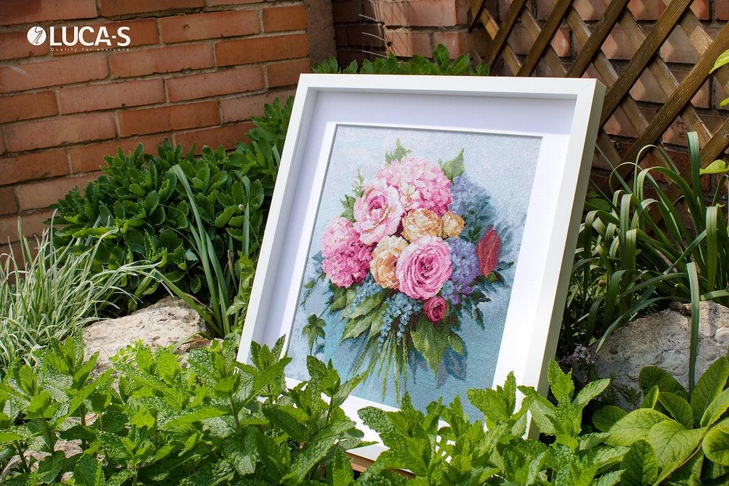 Bouquet B2371L Counted Cross-Stitch Kit featuring pink roses, yellow peonies, and blue pansies on Aida canvas.