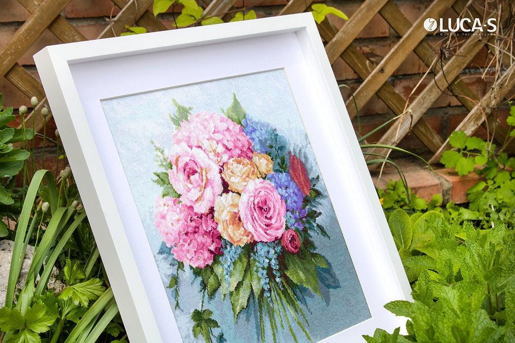 Bouquet B2371L Counted Cross-Stitch Kit featuring pink roses, yellow peonies, and blue pansies on Aida canvas.