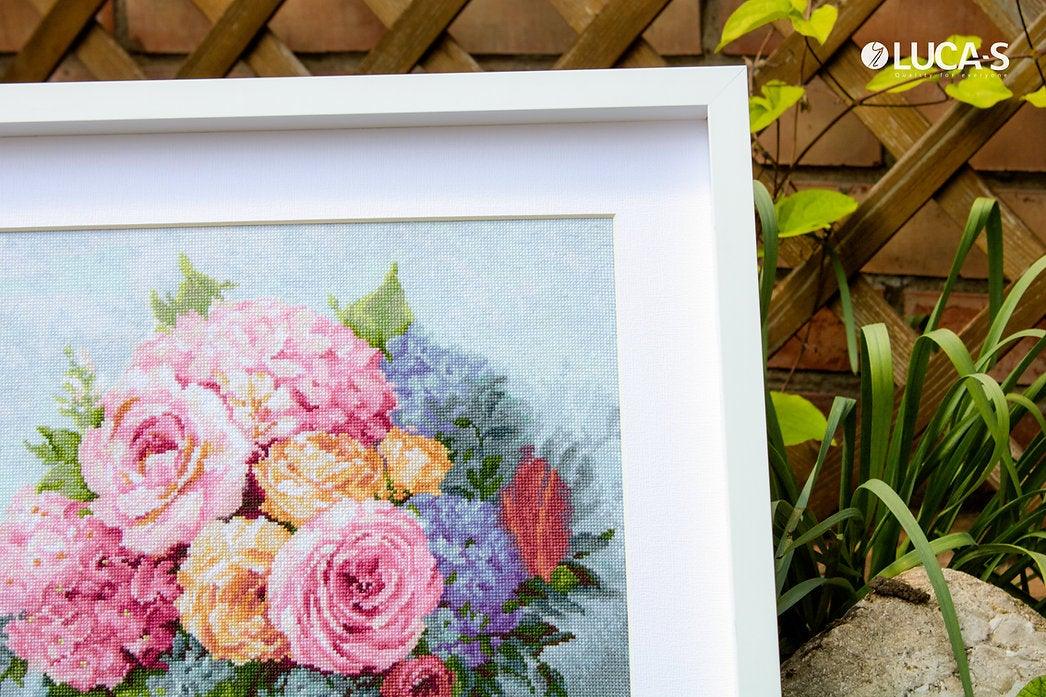 Bouquet B2371L Counted Cross-Stitch Kit featuring pink roses, yellow peonies, and blue pansies on Aida canvas.