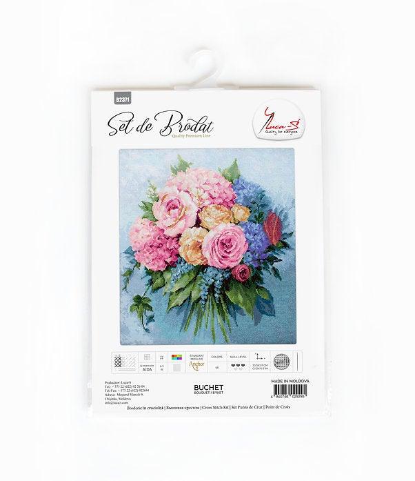 Bouquet B2371L Counted Cross-Stitch Kit featuring pink roses, yellow peonies, and blue pansies on Aida canvas.