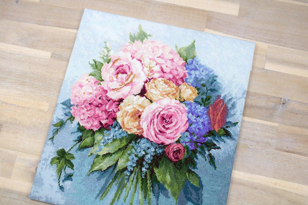 Bouquet B2371L Counted Cross-Stitch Kit featuring pink roses, yellow peonies, and blue pansies on Aida canvas.