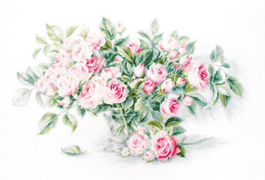 A counted cross-stitch kit featuring a bouquet of pink roses, including canvas, threads, needle, and instructions.