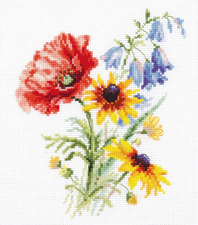 A beautifully arranged cross-stitch kit featuring a bouquet of poppies, including white aida fabric, colorful threads, and an embroidery needle.