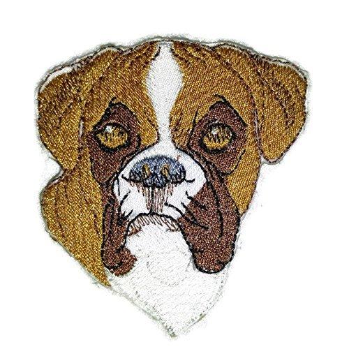Boxer Dog Face Embroidery Iron On/Sew Patch, featuring detailed stitching and vibrant colors, measuring 3 inches by 2.5 inches.