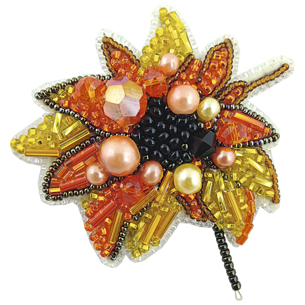 BP-228C Beadwork kit featuring colorful Preciosa and Crystal Art beads for creating a sunflower brooch.
