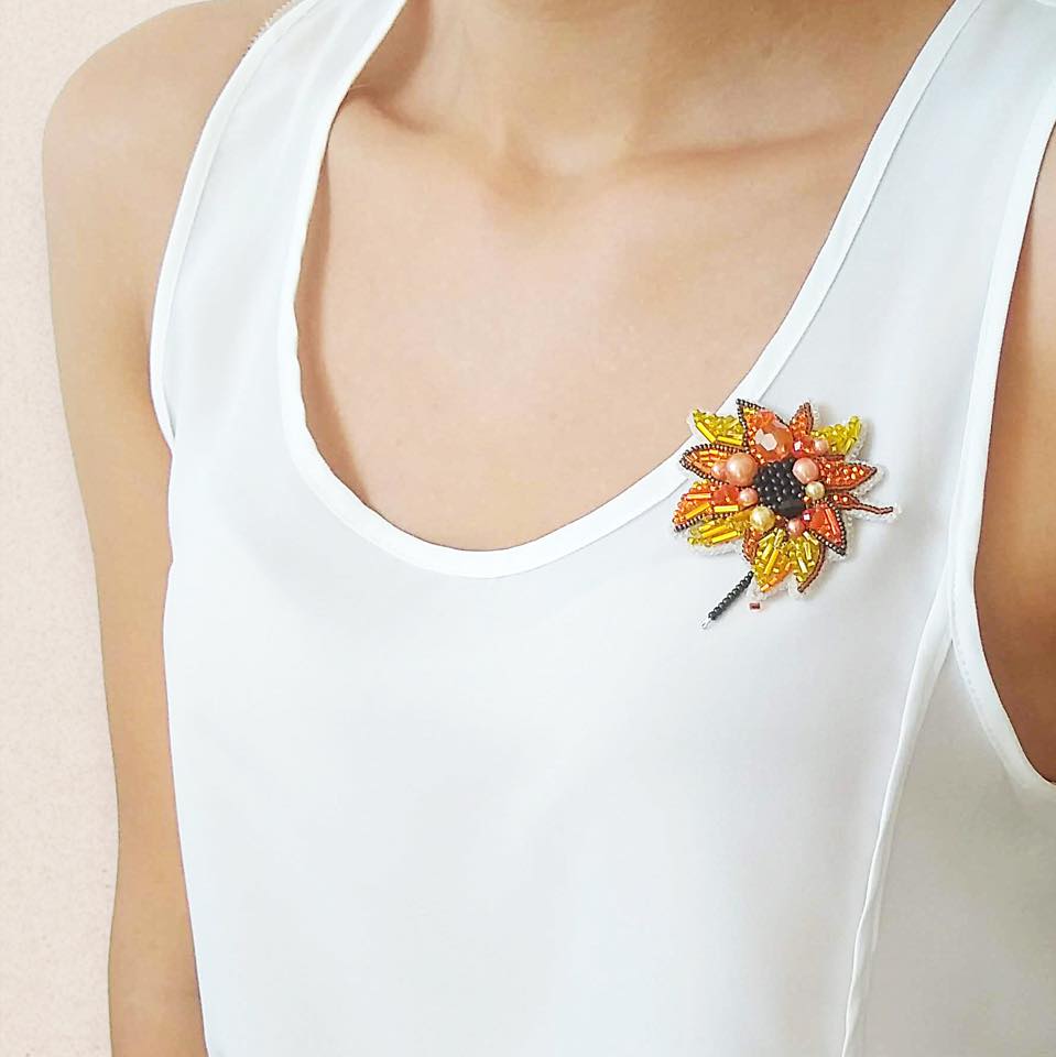 BP-228C Beadwork kit featuring colorful Preciosa and Crystal Art beads for creating a sunflower brooch.