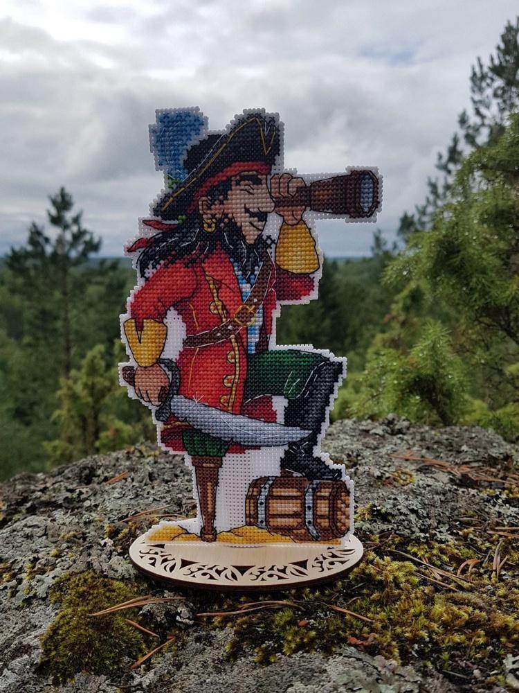 Brave Pirate SR-450 Plastic Canvas Counted Cross Stitch Kit featuring vibrant threads and plastic canvas for easy stitching.