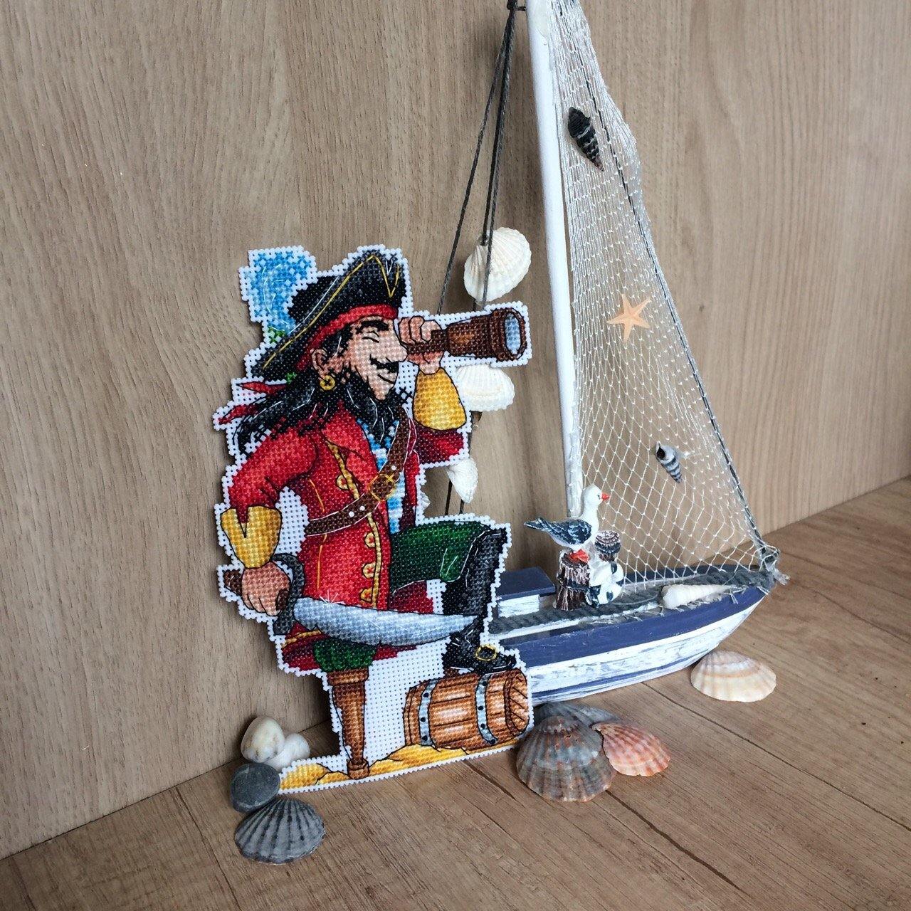 Brave Pirate SR-450 Plastic Canvas Counted Cross Stitch Kit featuring vibrant threads and plastic canvas for easy stitching.
