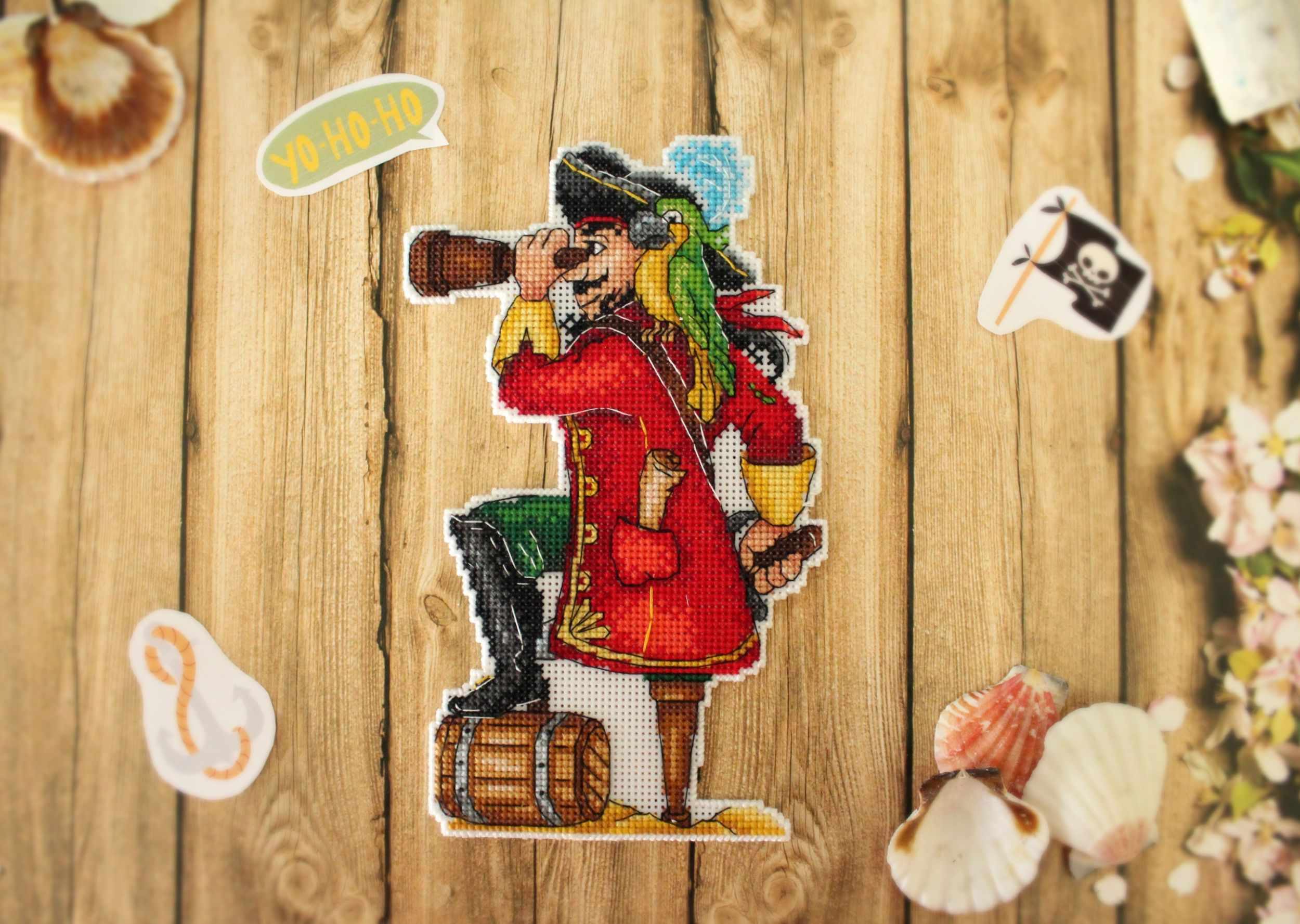 Brave Pirate SR-450 Plastic Canvas Counted Cross Stitch Kit featuring vibrant threads and plastic canvas for easy stitching.