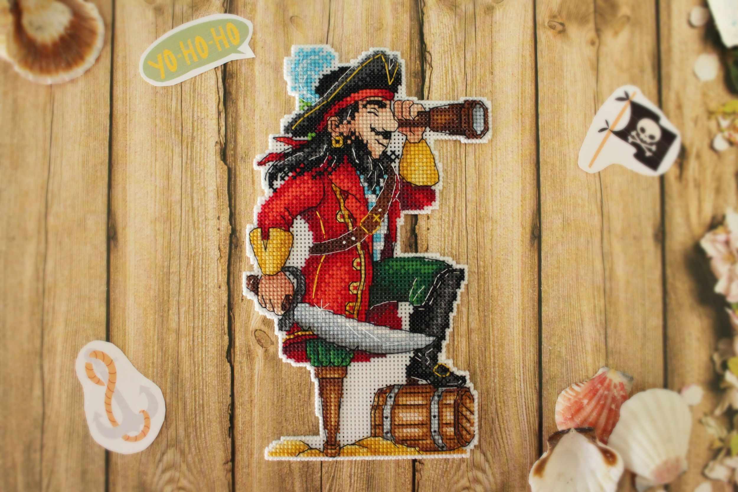 Brave Pirate SR-450 Plastic Canvas Counted Cross Stitch Kit featuring vibrant threads and plastic canvas for easy stitching.