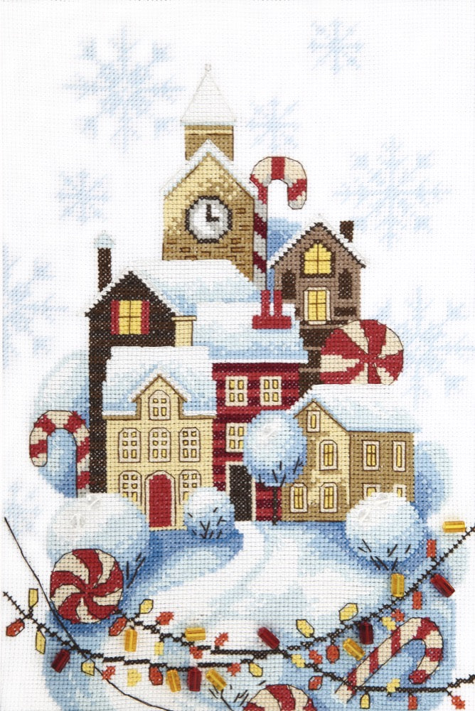BT-257C Counted Cross Stitch Kit featuring a Gingerbread House design with colorful threads and crystal art beads.