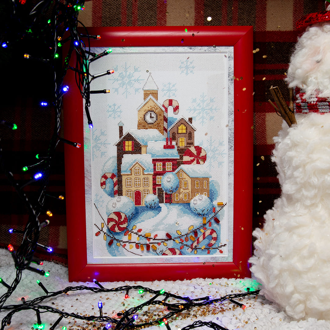 BT-257C Counted Cross Stitch Kit featuring a Gingerbread House design with colorful threads and crystal art beads.
