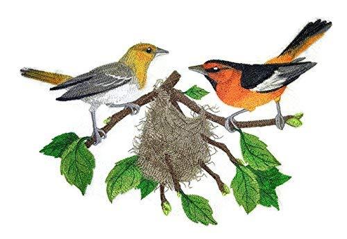 Bullock's Orioles and Nest embroidered patch, showcasing vibrant colors and intricate details on a cotton base.