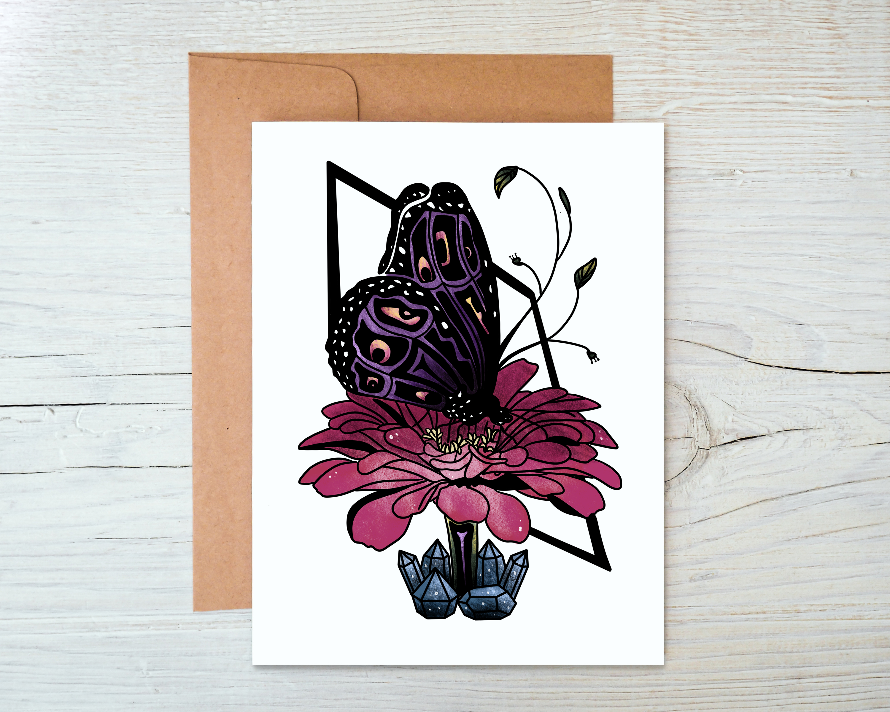 A beautifully designed butterfly card with a blank interior and a kraft envelope, showcasing vibrant colors and intricate details.