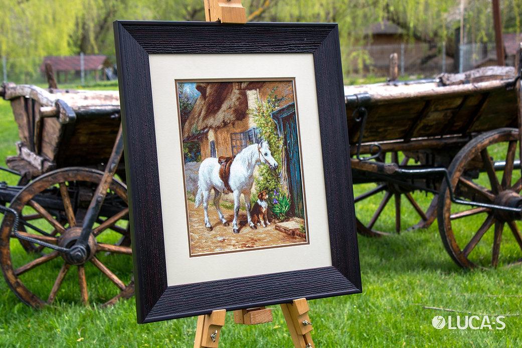 By the Cottage B572L Counted Cross-Stitch Kit featuring Aida canvas, 50 Anchor colors, and needle for crafting.