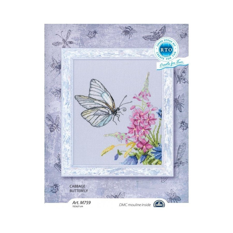 Cabbage Butterfly M759 Counted Cross Stitch Kit with Aida fabric, DMC threads, and stitching supplies displayed on a table.