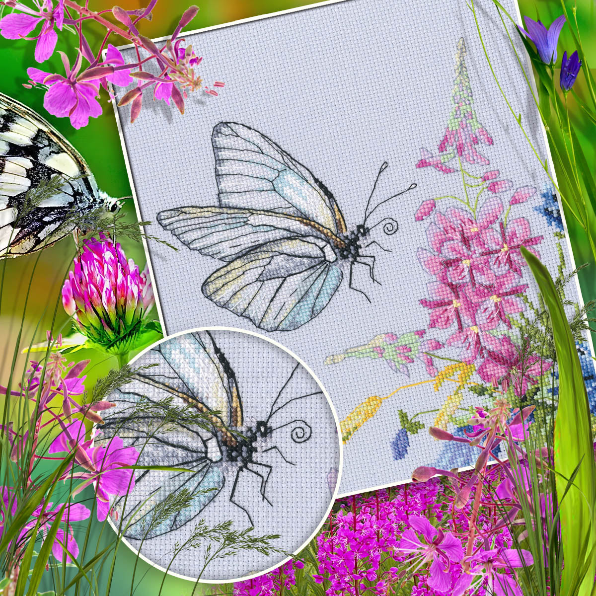 Cabbage Butterfly M759 Counted Cross Stitch Kit with Aida fabric, DMC threads, and stitching supplies displayed on a table.