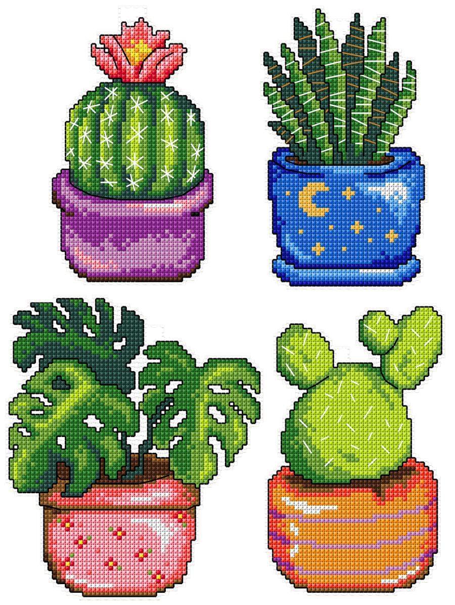 Cactus 108CS Counted Cross-Stitch Kit featuring plastic canvas, colorful threads, and a needle for crafting.