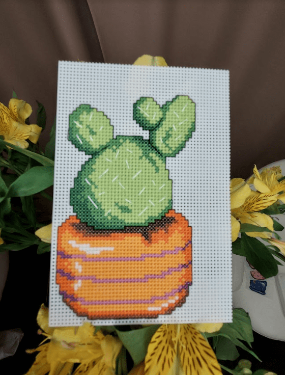 Cactus 108CS Counted Cross-Stitch Kit featuring plastic canvas, colorful threads, and a needle for crafting.
