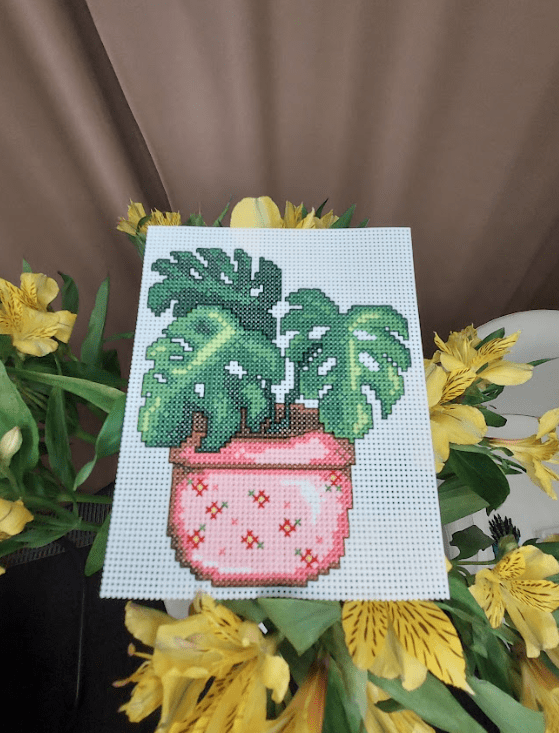 Cactus 108CS Counted Cross-Stitch Kit featuring plastic canvas, colorful threads, and a needle for crafting.
