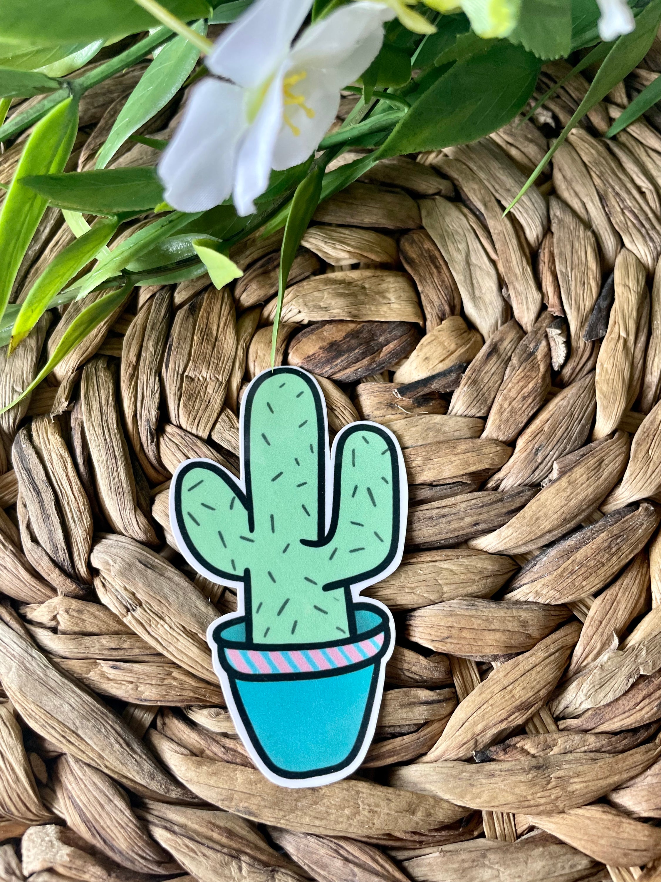 A cute cactus sticker featuring a vibrant green cactus design, perfect for personalizing items like laptops and water bottles.