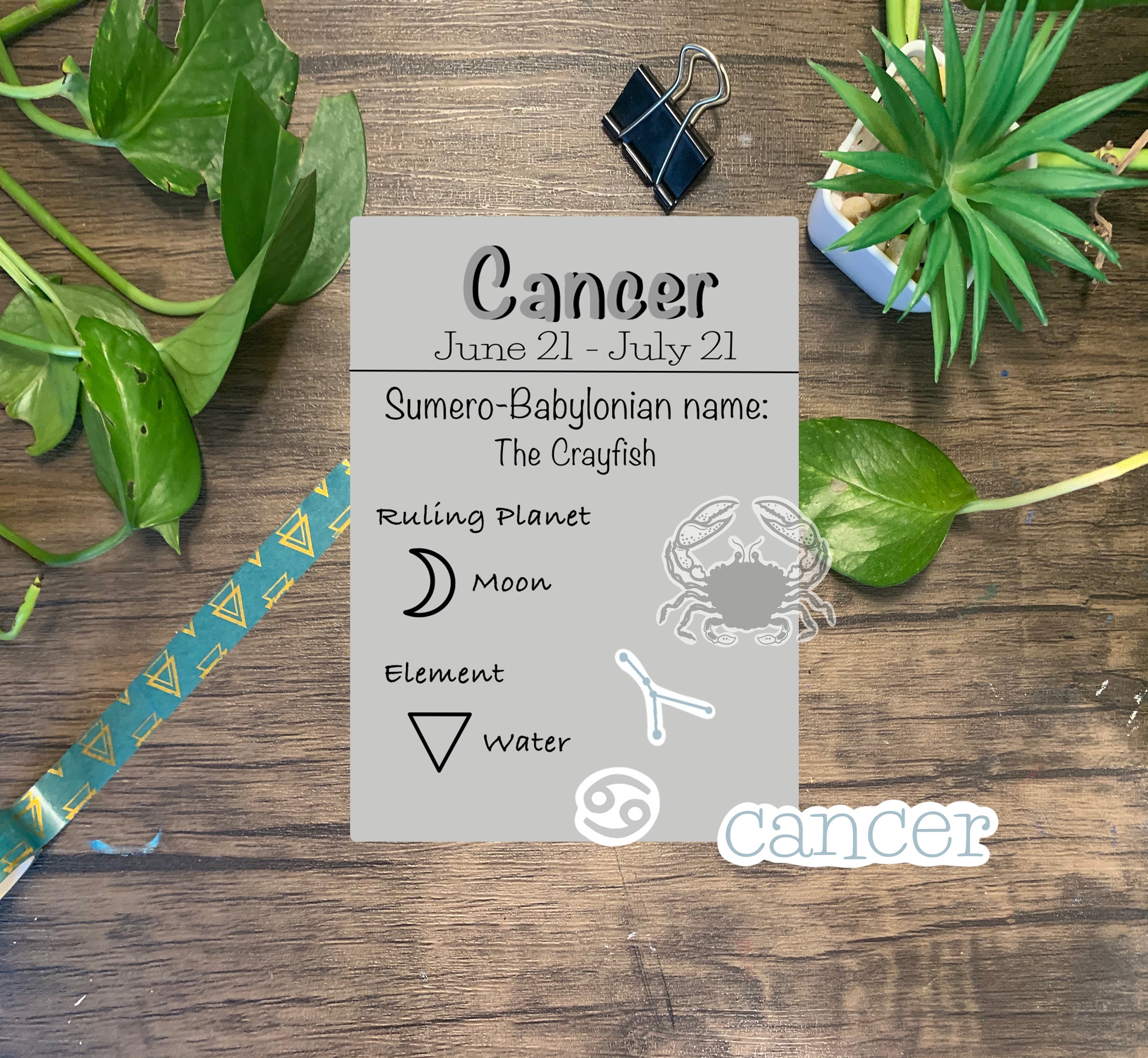 A colorful Cancer zodiac sticker pack featuring a crab, constellation, symbol, and zodiac wording, perfect for personalizing items.
