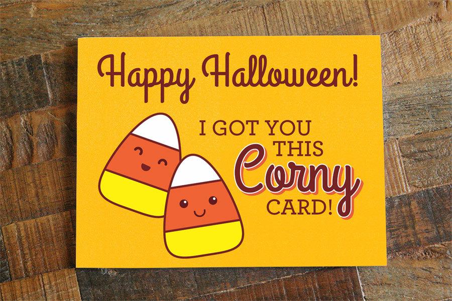 Candy Corn Happy Halloween Card featuring vibrant candy corn design, blank inside, and matching white envelope.