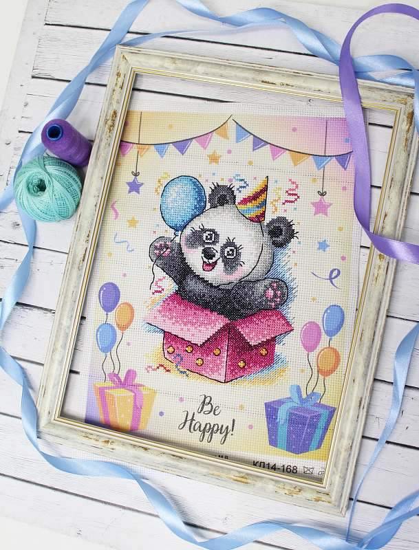 Cartoon Panda SM-598 Counted Cross-Stitch Kit featuring colorful threads and Aida canvas.