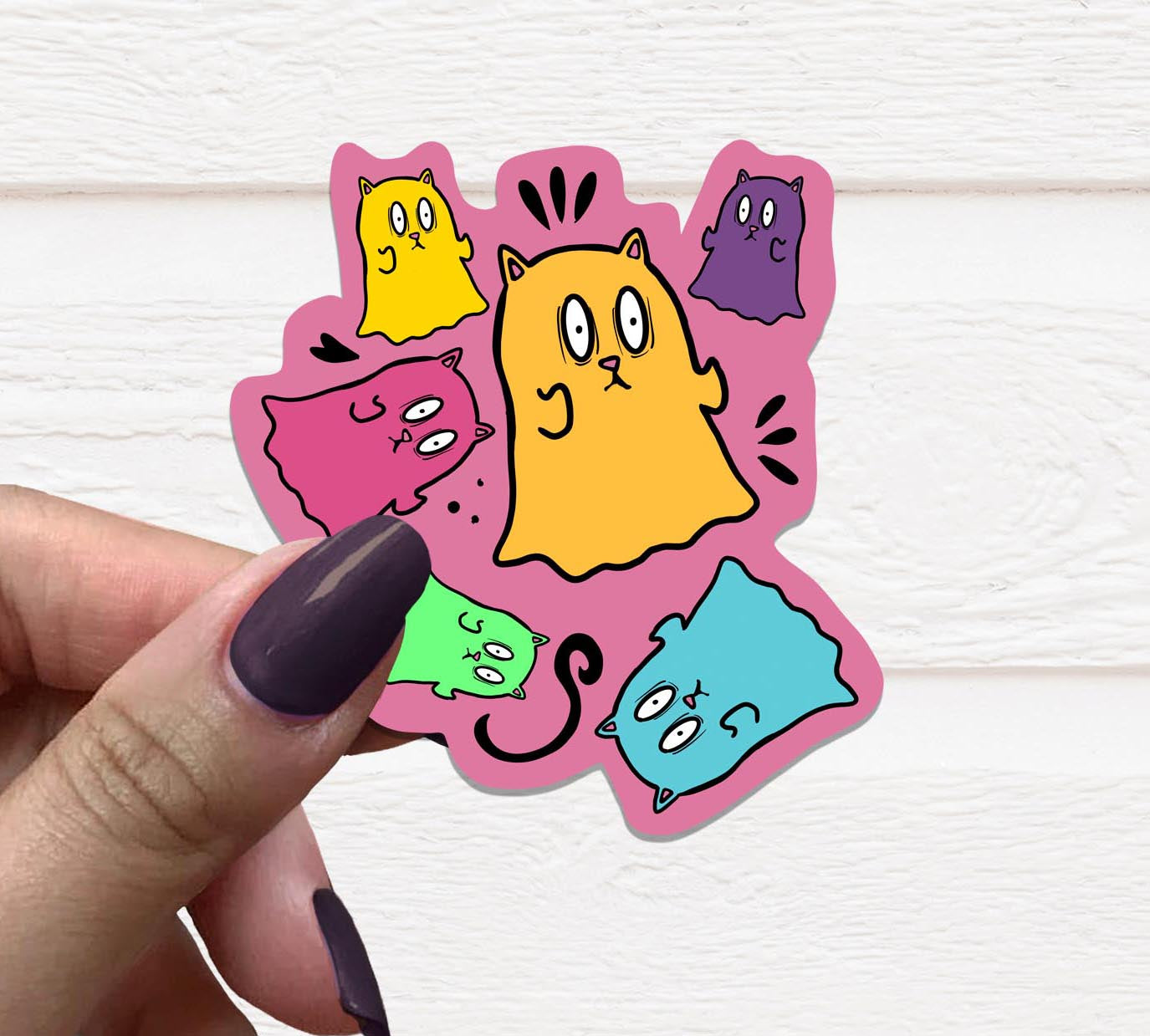 A colorful Cat Ghost Party Vinyl Sticker featuring playful ghostly cats, perfect for personalizing items.