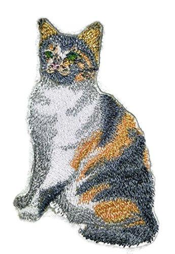 Calico Cat embroidered patch, 4 inches by 3 inches, showcasing vibrant colors and intricate details, perfect for iron-on or sew-on applications.
