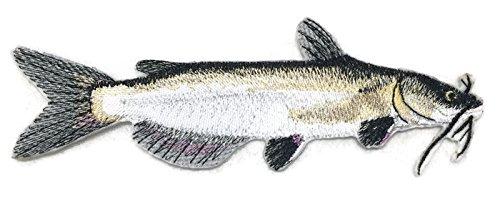 Custom embroidered Catfish patch, measuring 6.87 inches by 2.35 inches, showcasing intricate details and vibrant colors on a cotton base.