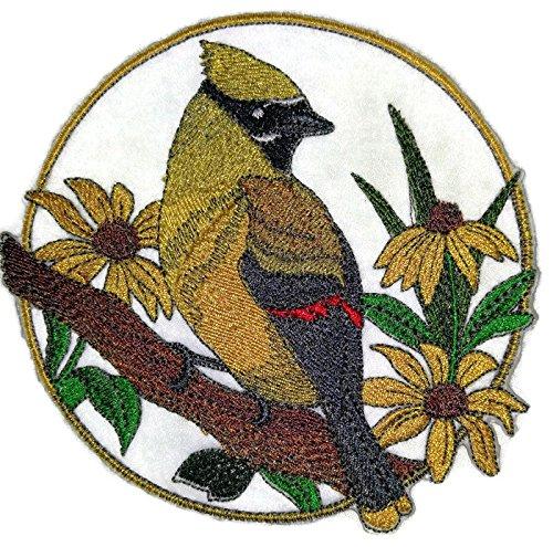 Cedar Waxing and Black-eyed Susan embroidered patch showcasing vibrant colors and intricate design on a cotton base.
