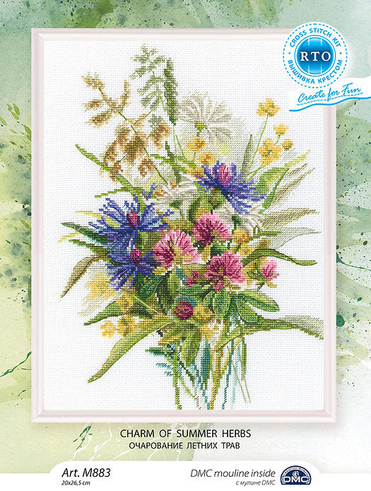 Charm of Summer Herbs M883 Counted Cross Stitch Kit featuring Aida canvas, DMC threads, and detailed chart.