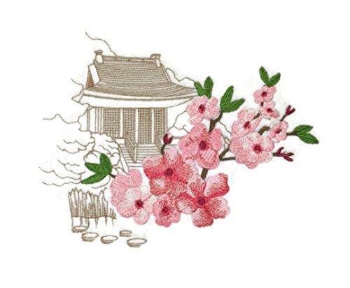 Cherry Blossoms with Temple Echo embroidered patch showcasing intricate floral design on a cotton base, ideal for iron-on or sewing applications.