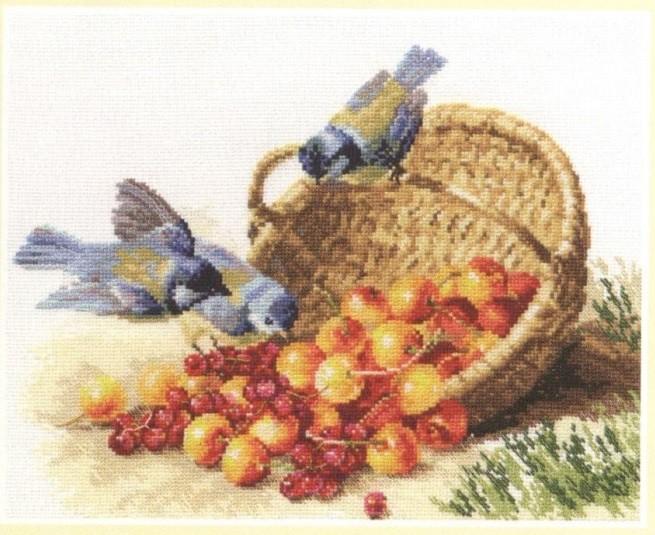 Chickadees and Sweet Cherries cross-stitch kit featuring colorful threads and white aida fabric.