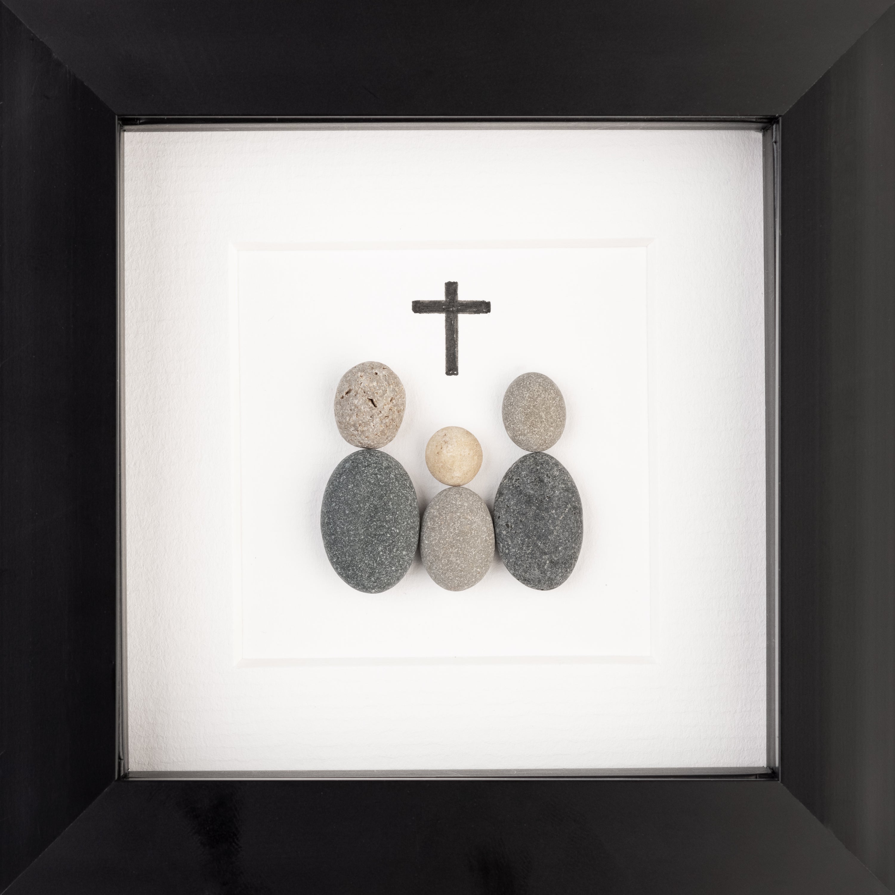 Unique handcrafted pebble art picture framed for christening gift.