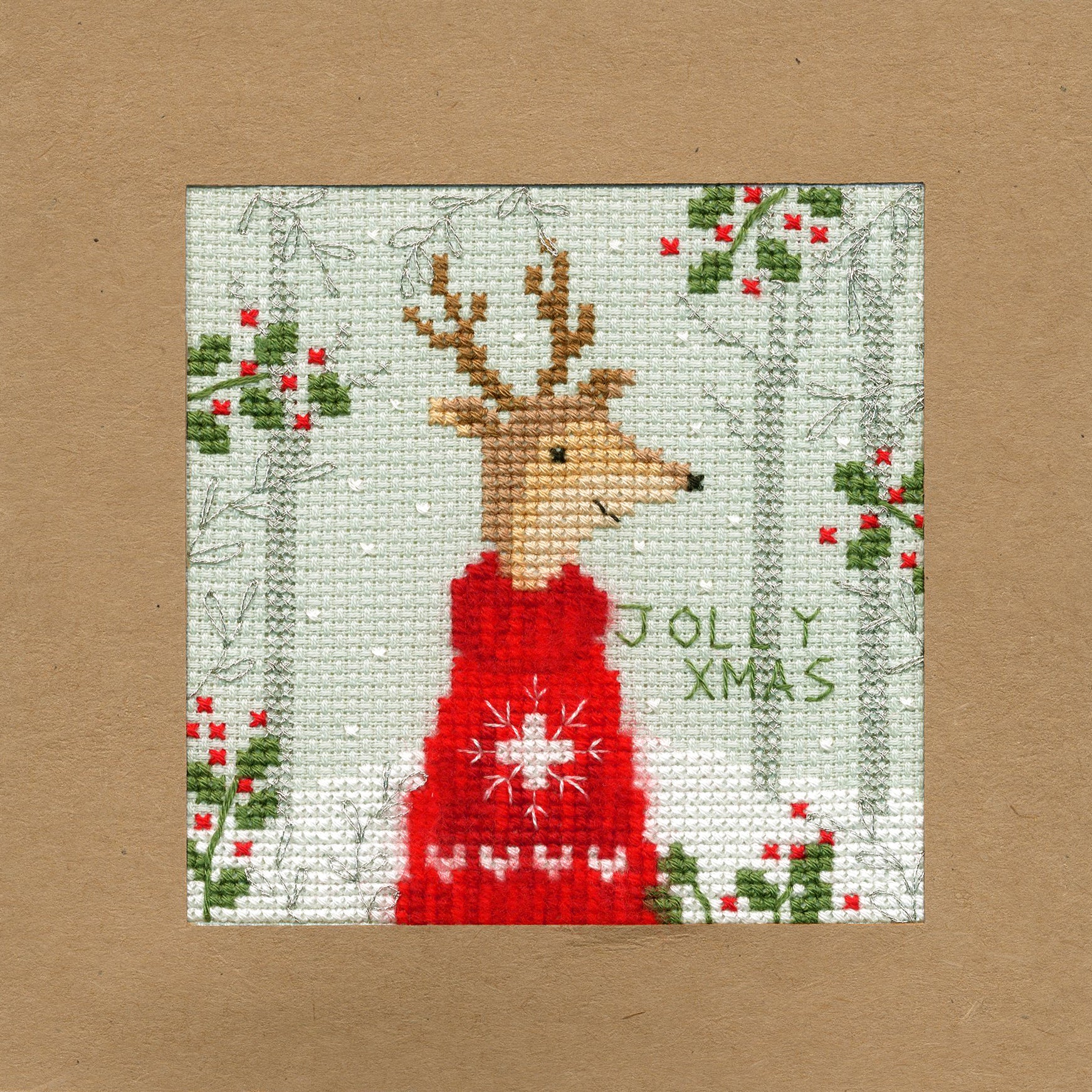 Xmas Deer Counted Cross Stitch Kit with misty blue Aida fabric, threads, needle, and card.