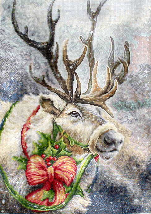 Christmas Deer B598L Counted Cross-Stitch Kit featuring Aida canvas, colorful threads, and a needle for festive crafting.
