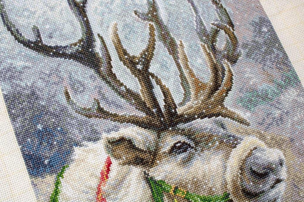 Christmas Deer B598L Counted Cross-Stitch Kit featuring Aida canvas, colorful threads, and a needle for festive crafting.