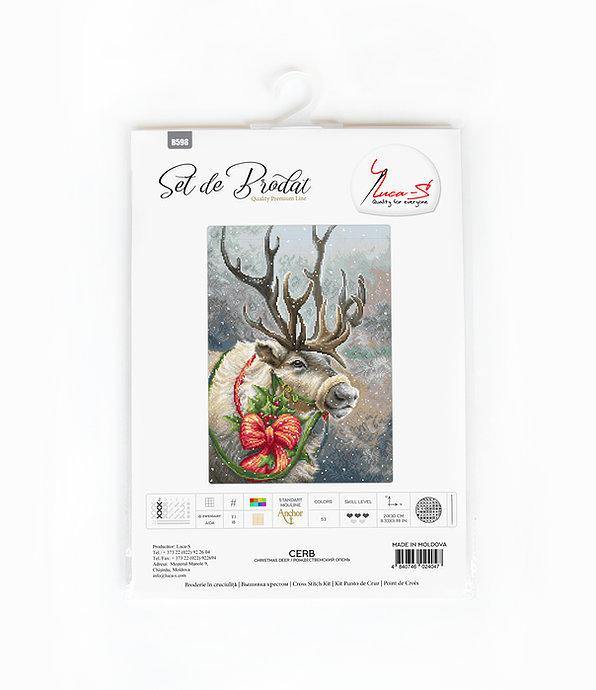 Christmas Deer B598L Counted Cross-Stitch Kit featuring Aida canvas, colorful threads, and a needle for festive crafting.