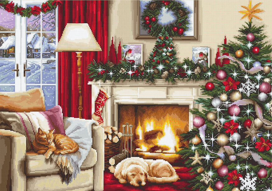 Christmas interior B591L counted cross-stitch kit with Aida canvas, Anchor threads, and needle.